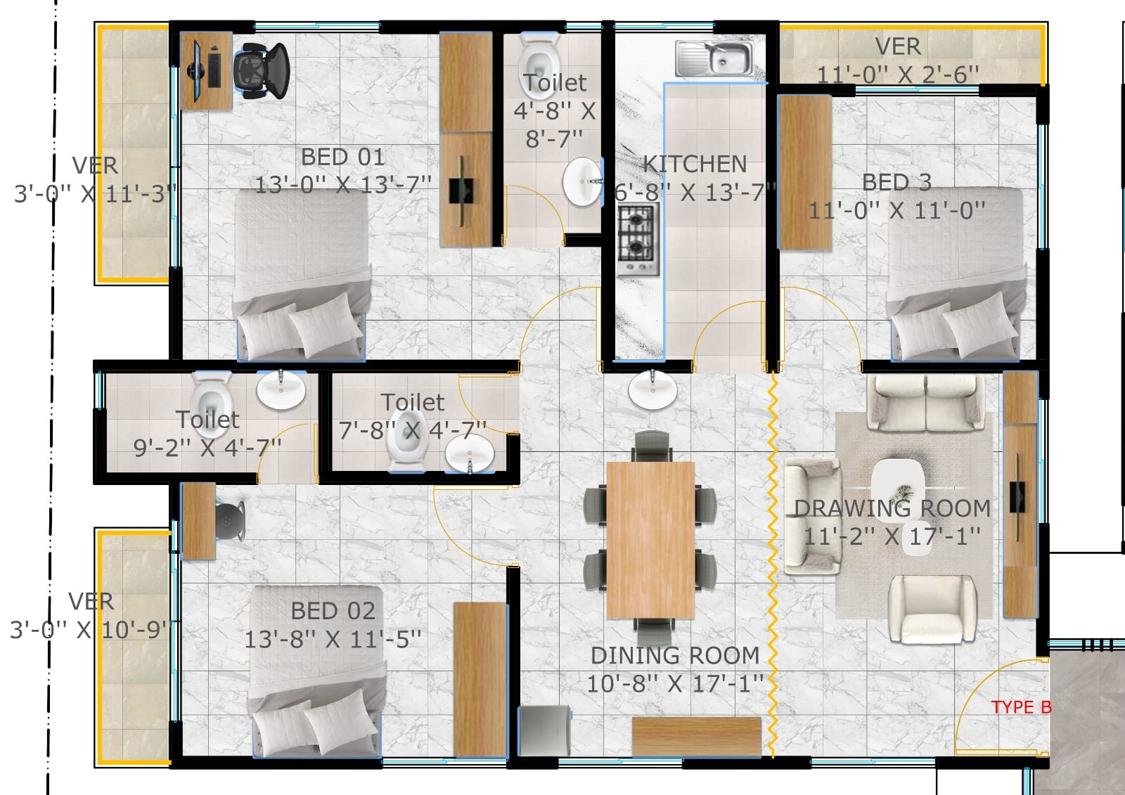 Floor plan of 1530 sft - 03 bed